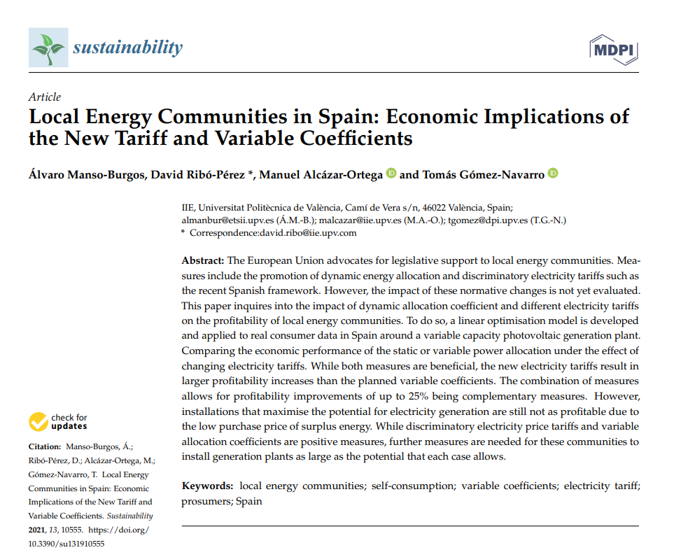 Local energy communities in Spain: Economic implications of the new tariff and variable coefficients