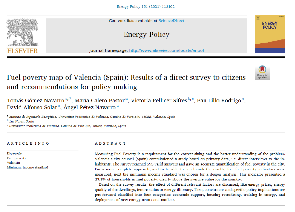 Fuel poverty map of Valencia (Spain): Results of a direct survey to citizens and recommendations for policy making