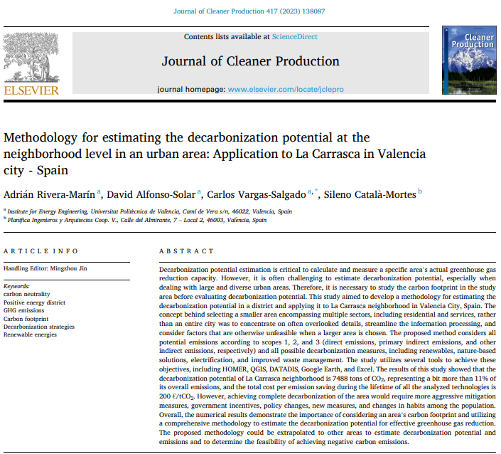 Methodology for estimating the decarbonization potential at the neighborhood level in an urban area: Application to La Carrasca in Valencia city – Spain